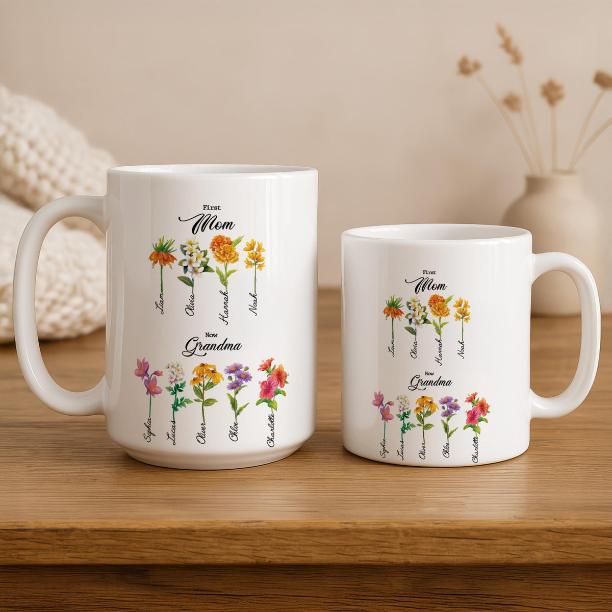 Personalized Grandma Birth Flower Mug, Custom Names Coffee Cup, Nana Gift