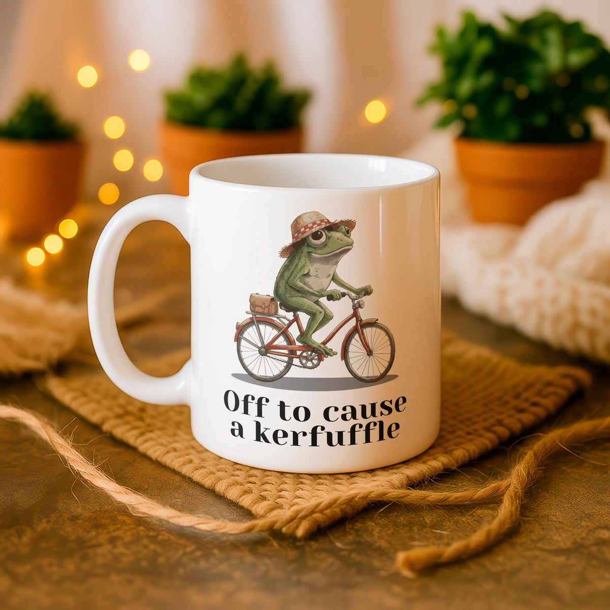 Funny Frog on Bike Ceramic Mug, Whimsical Coffee Cup, Customizable Tea Mug