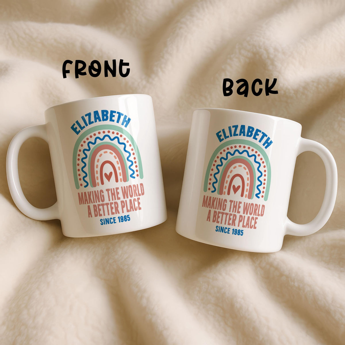 Personalized Rainbow Name Mug, Custom Birth Year Coffee Cup, Inspirational Ceramic Tea Gift