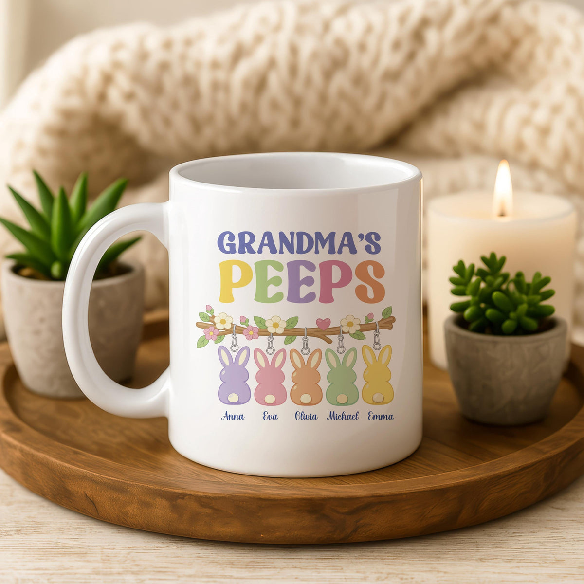 Grandma's Peeps Easter Mug, Custom Grandkids Names, Ceramic Coffee Cup
