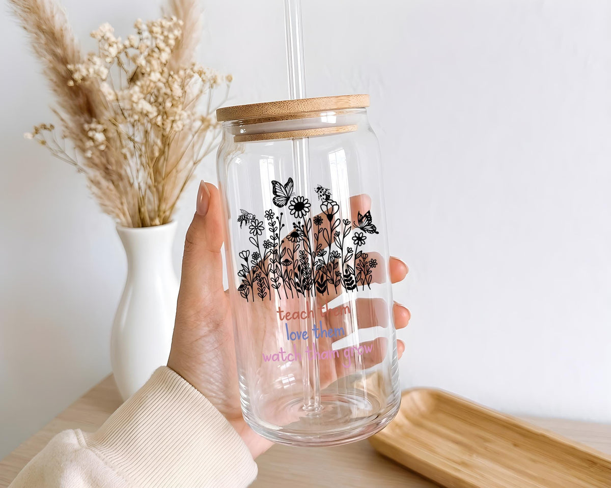 Custom Teacher Floral Glass Tumbler, Bamboo Lid, Straw, Teach Them Love Them Grow Cup