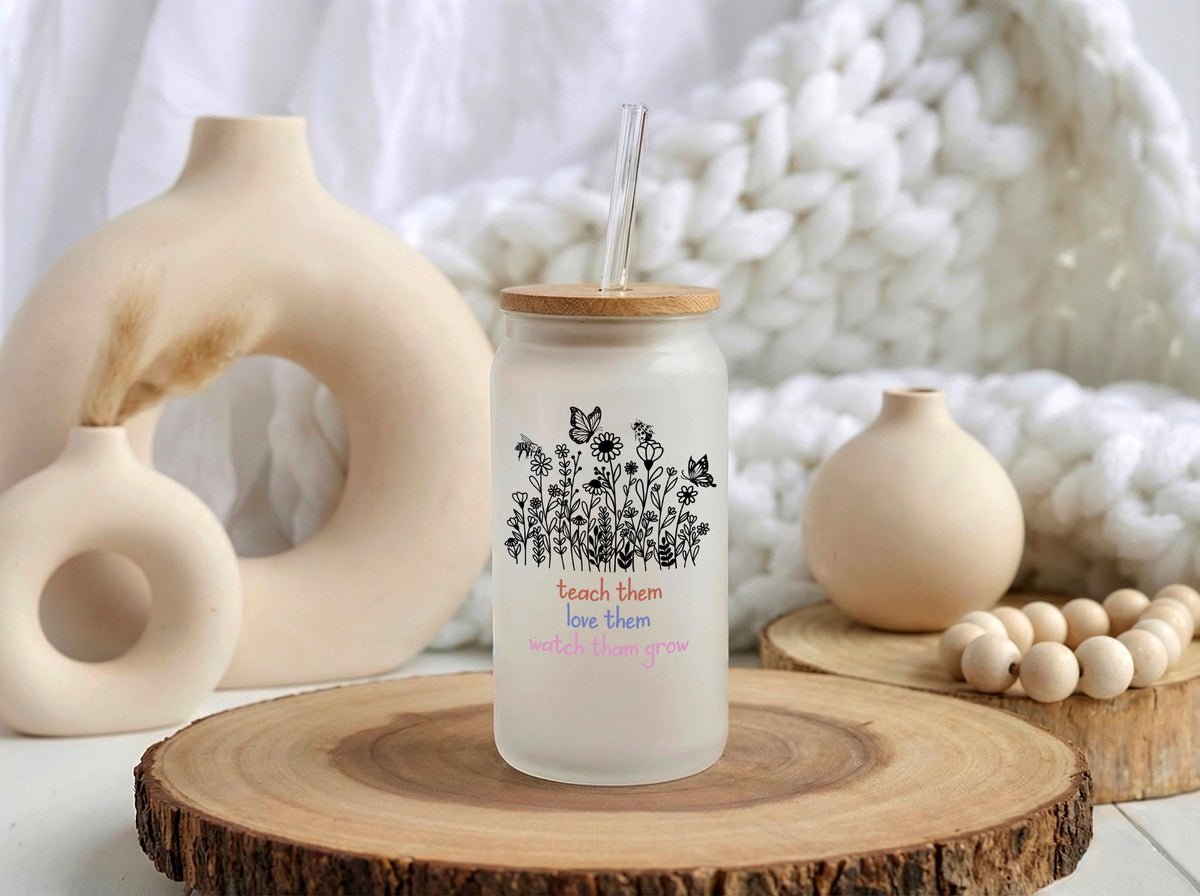 Custom Teacher Floral Glass Tumbler, Bamboo Lid, Straw, Teach Them Love Them Grow Cup