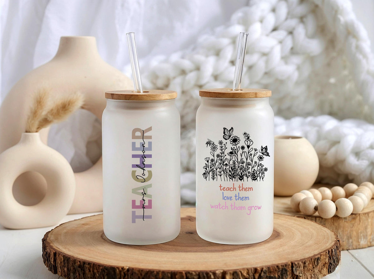 Custom Teacher Floral Glass Tumbler, Bamboo Lid, Straw, Teach Them Love Them Grow Cup