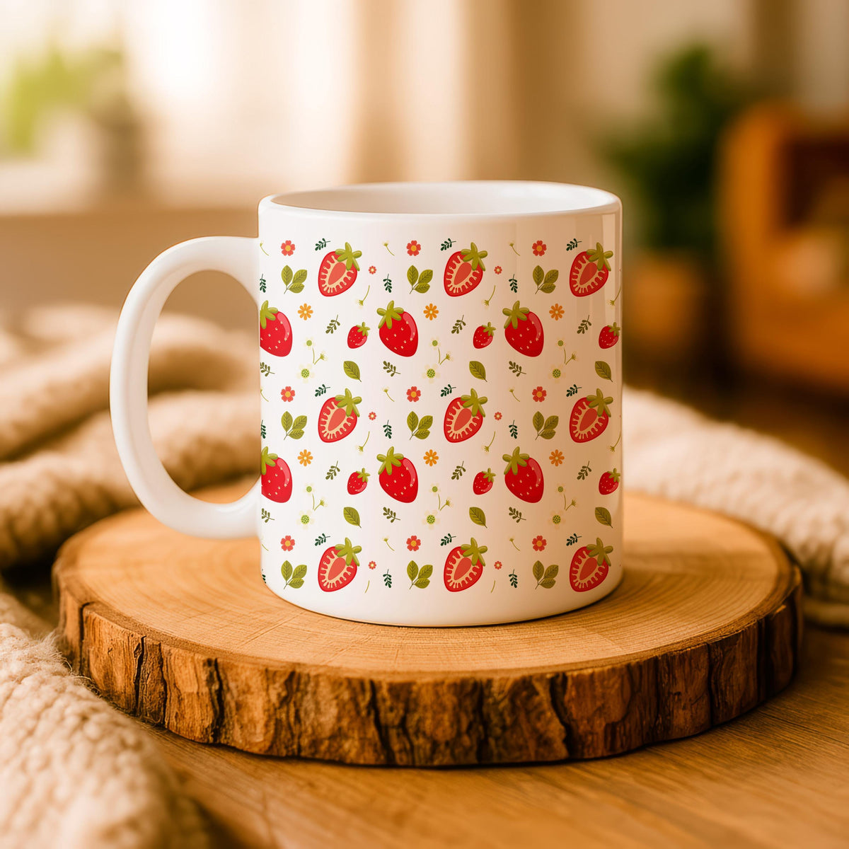 Strawberry Pattern Ceramic Mug, Summer Fruit Coffee Cup, Floral Tea Mug