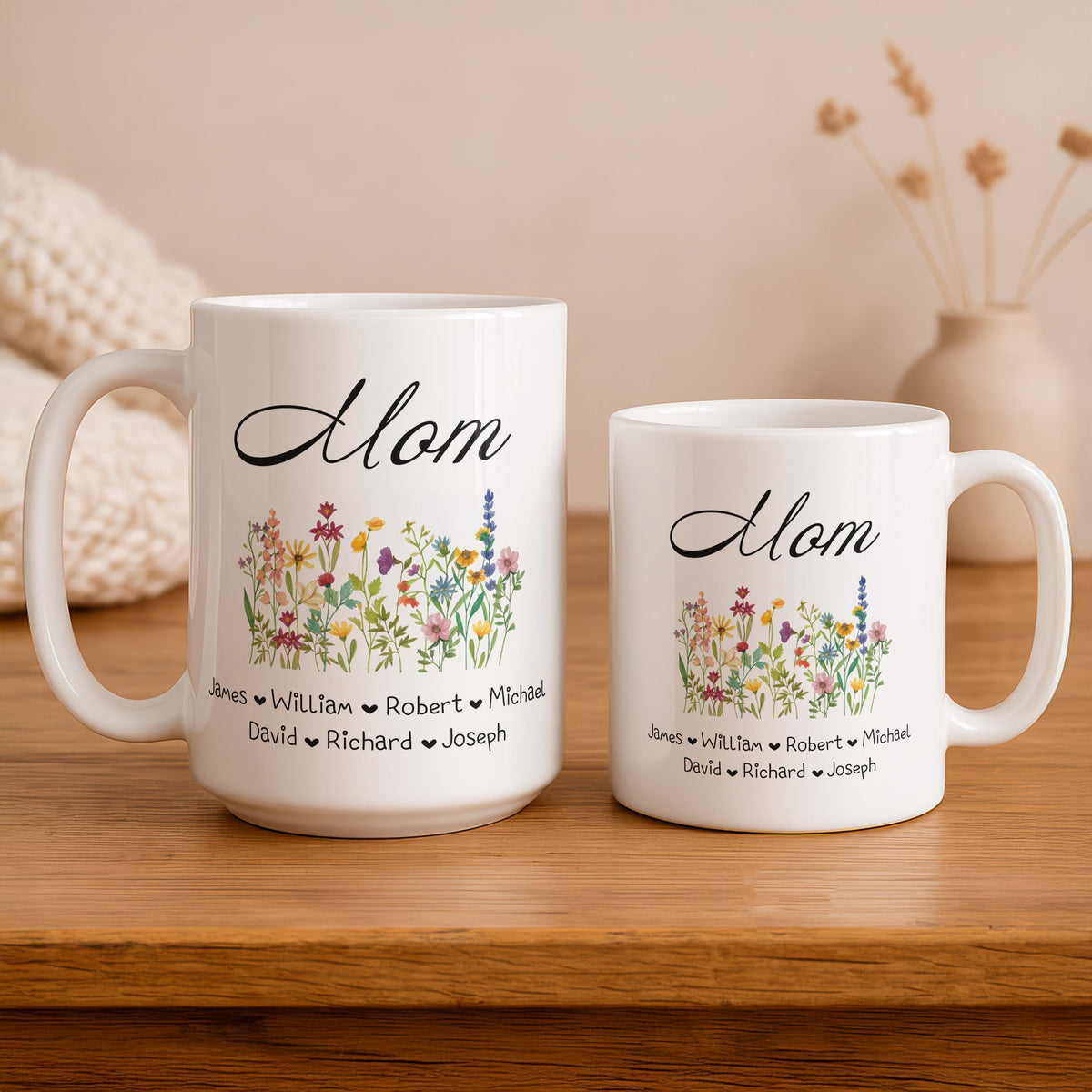 Personalized Mom Floral Ceramic Mug, Custom Wildflower Coffee Cup, Mother's Day Gift