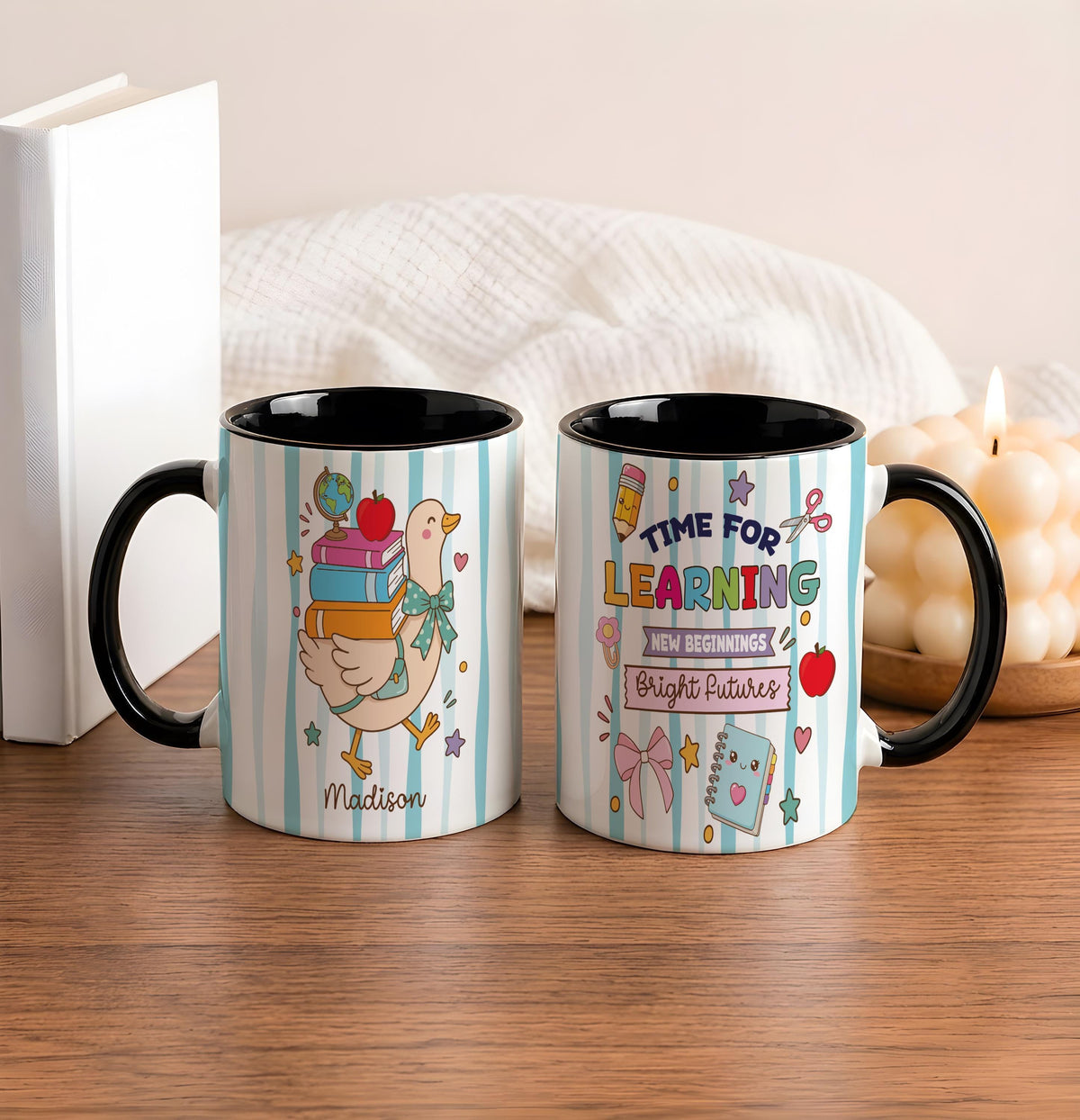 Personalized Duck Back to School Mug, Time for Learning Cup, Custom Student Gift