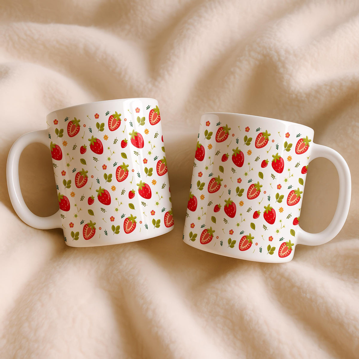 Strawberry Pattern Ceramic Mug, Summer Fruit Coffee Cup, Floral Tea Mug