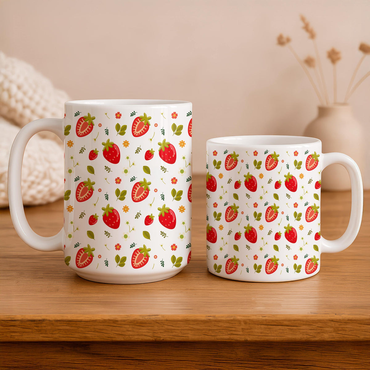 Strawberry Pattern Ceramic Mug, Summer Fruit Coffee Cup, Floral Tea Mug