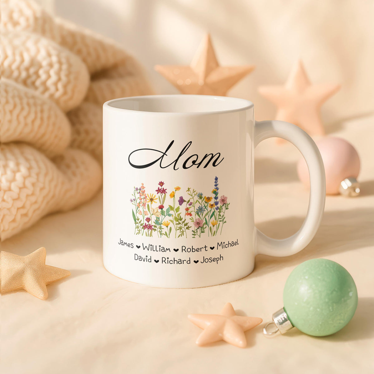 Personalized Mom Floral Ceramic Mug, Custom Wildflower Coffee Cup, Mother's Day Gift