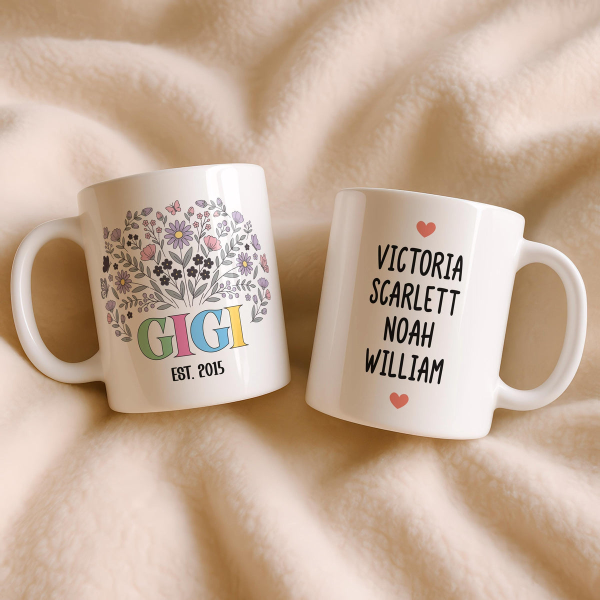 Personalized Floral Grandma Mug, Custom Grandkids Names Coffee Cup, Gigi Est Year Ceramic Mug