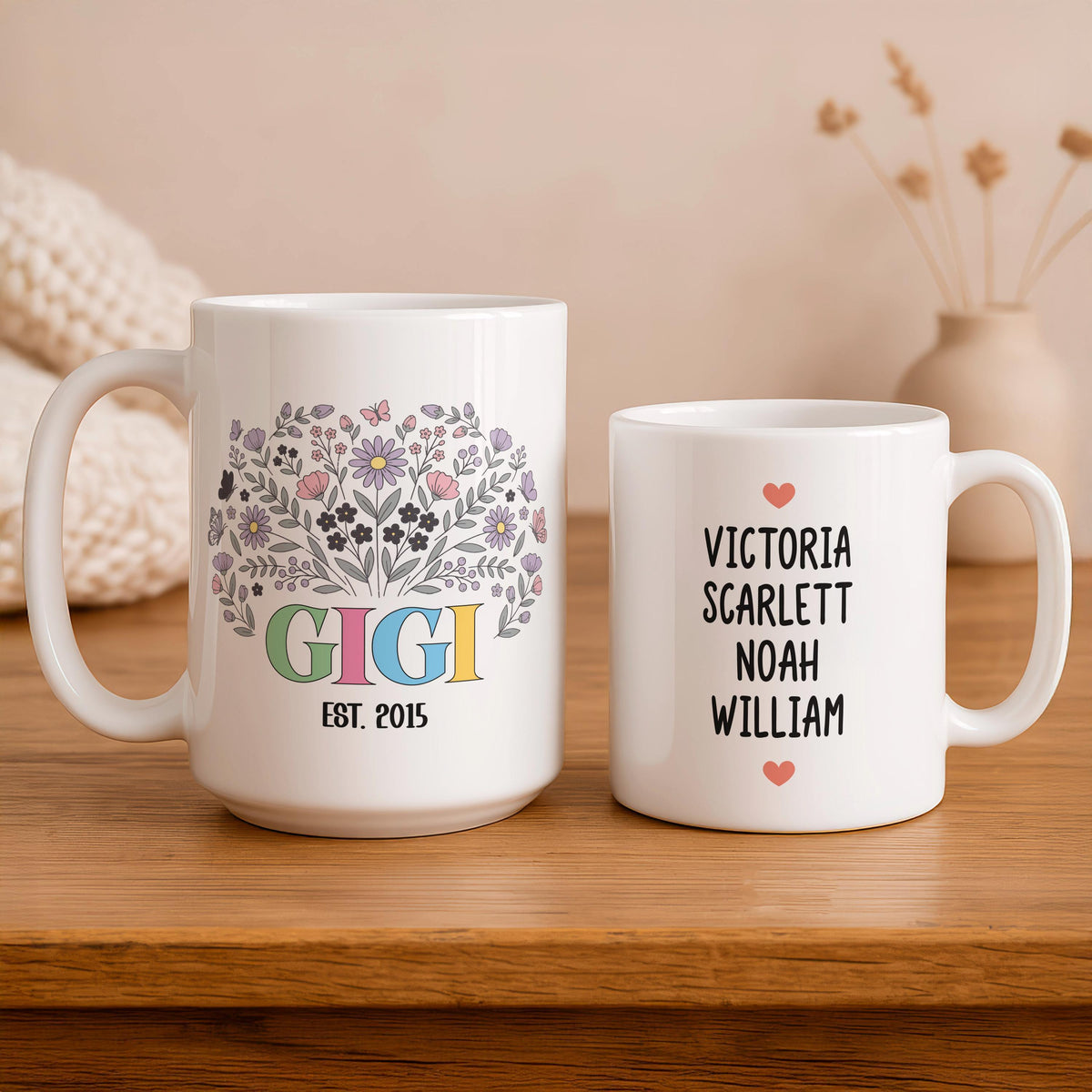 Personalized Floral Grandma Mug, Custom Grandkids Names Coffee Cup, Gigi Est Year Ceramic Mug