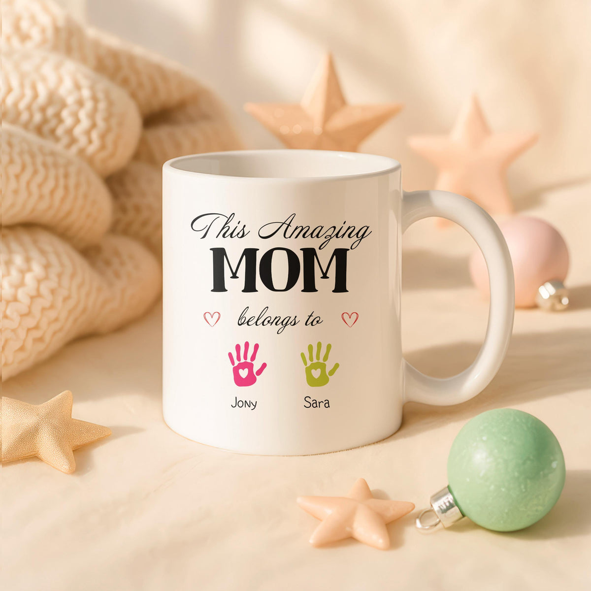 Personalized Mom Mug, Kids Handprint Names, Ceramic Coffee Cup (11oz/15oz)