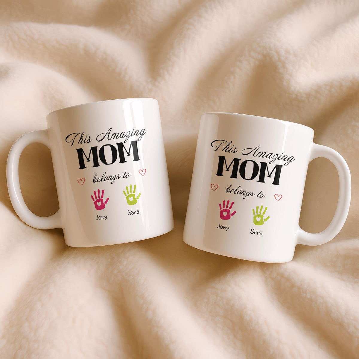 Personalized Mom Mug, Kids Handprint Names, Ceramic Coffee Cup (11oz/15oz)