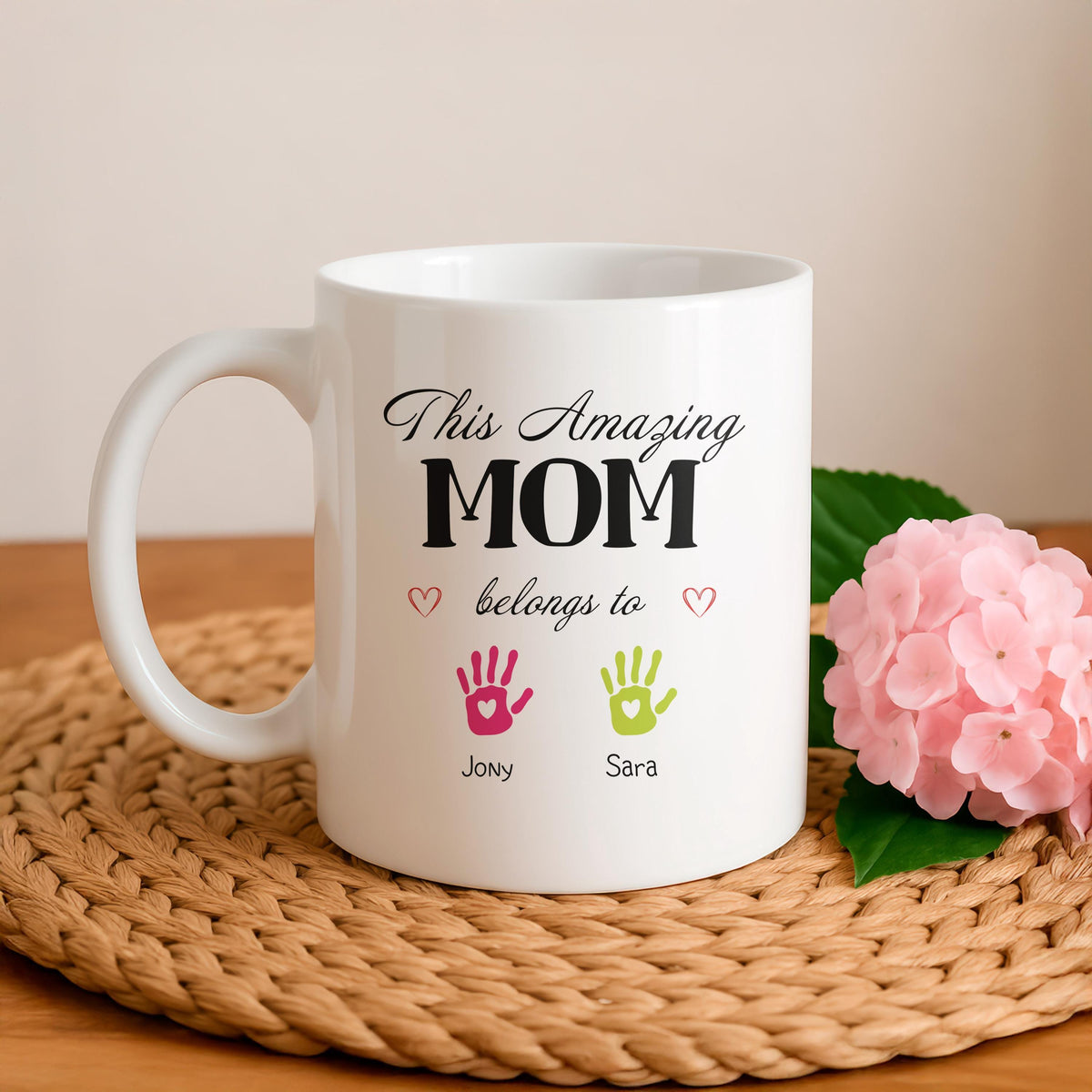 Personalized Mom Mug, Kids Handprint Names, Ceramic Coffee Cup (11oz/15oz)