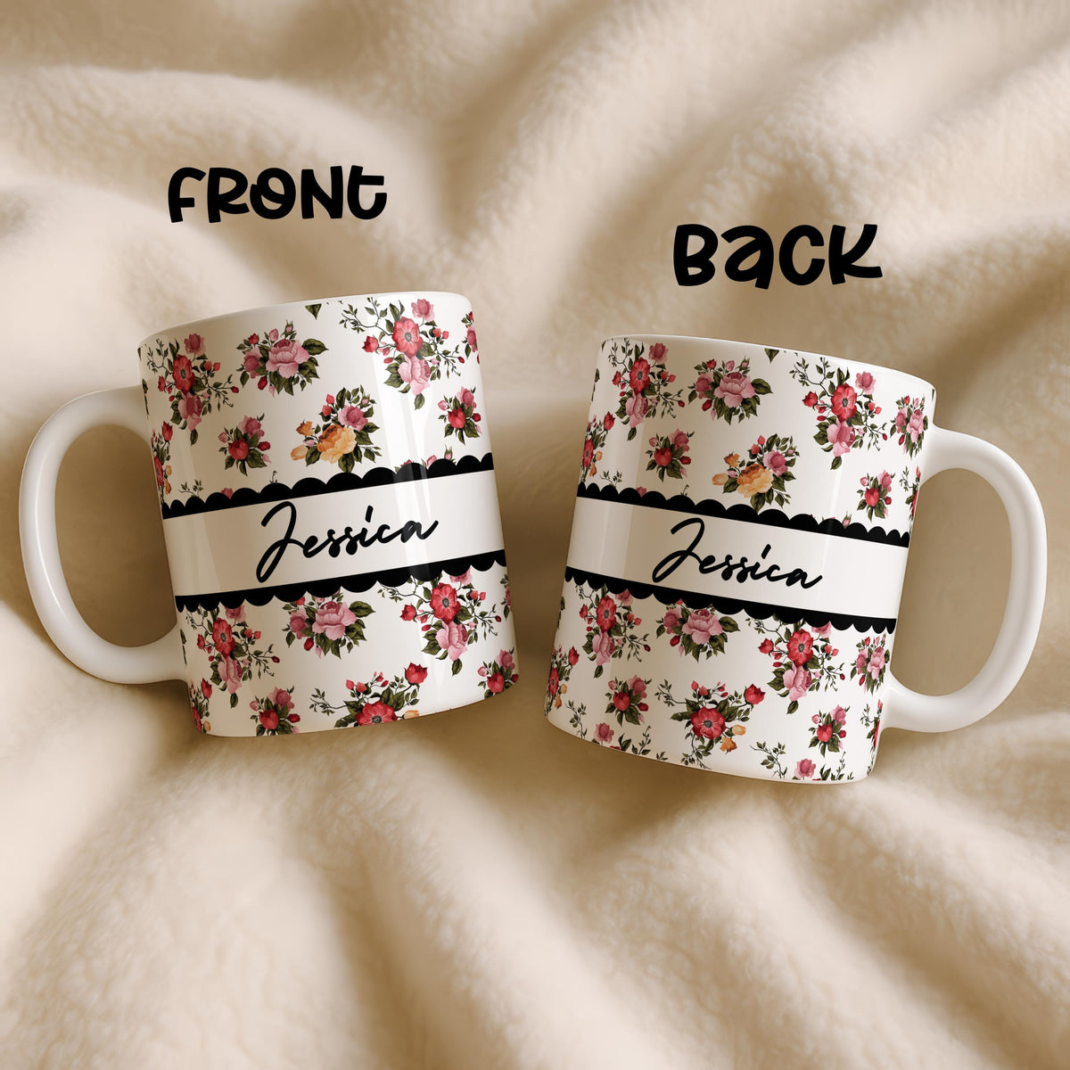 Custom Floral Ceramic Mug, Vintage Roses Tea Cup, Personalized Name Pottery Gift