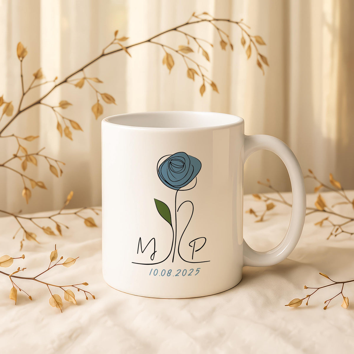 Personalized Line Art Rose Ceramic Mug, Custom Monogram Coffee Cup