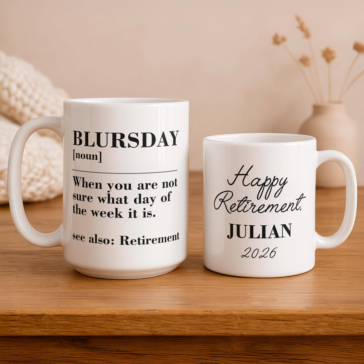 Funny Retirement Mug, Blursday Coffee Cup, Personalized Name Year Ceramic Mug