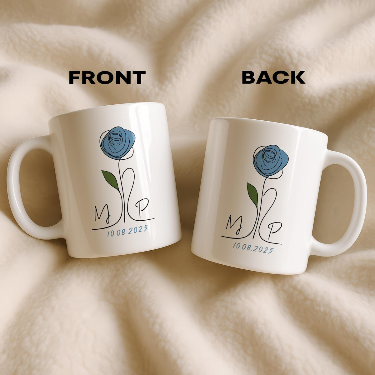 Personalized Line Art Rose Ceramic Mug, Custom Monogram Coffee Cup