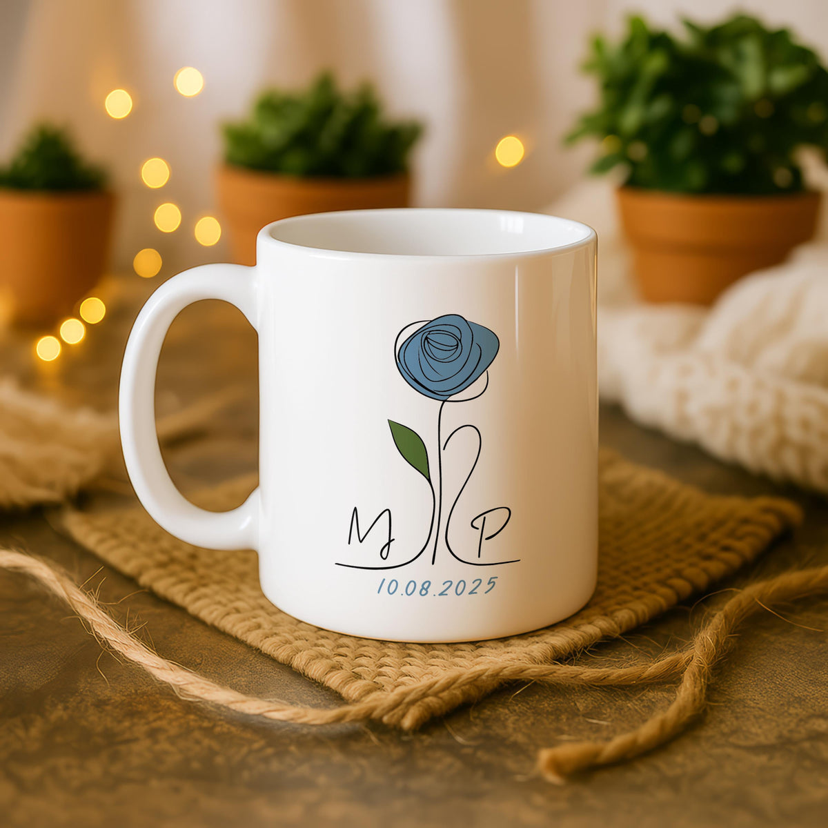 Personalized Line Art Rose Ceramic Mug, Custom Monogram Coffee Cup