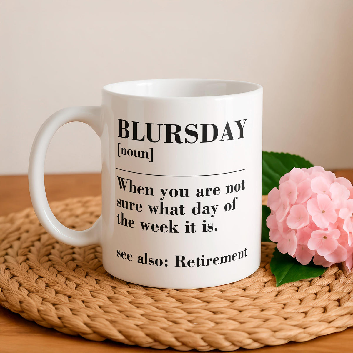 Funny Retirement Mug, Blursday Coffee Cup, Personalized Name Year Ceramic Mug