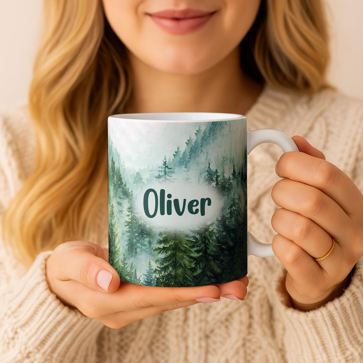 Custom Name Forest Mug, Personalized Ceramic Coffee Cup, Evergreen Trees Landscape Gift