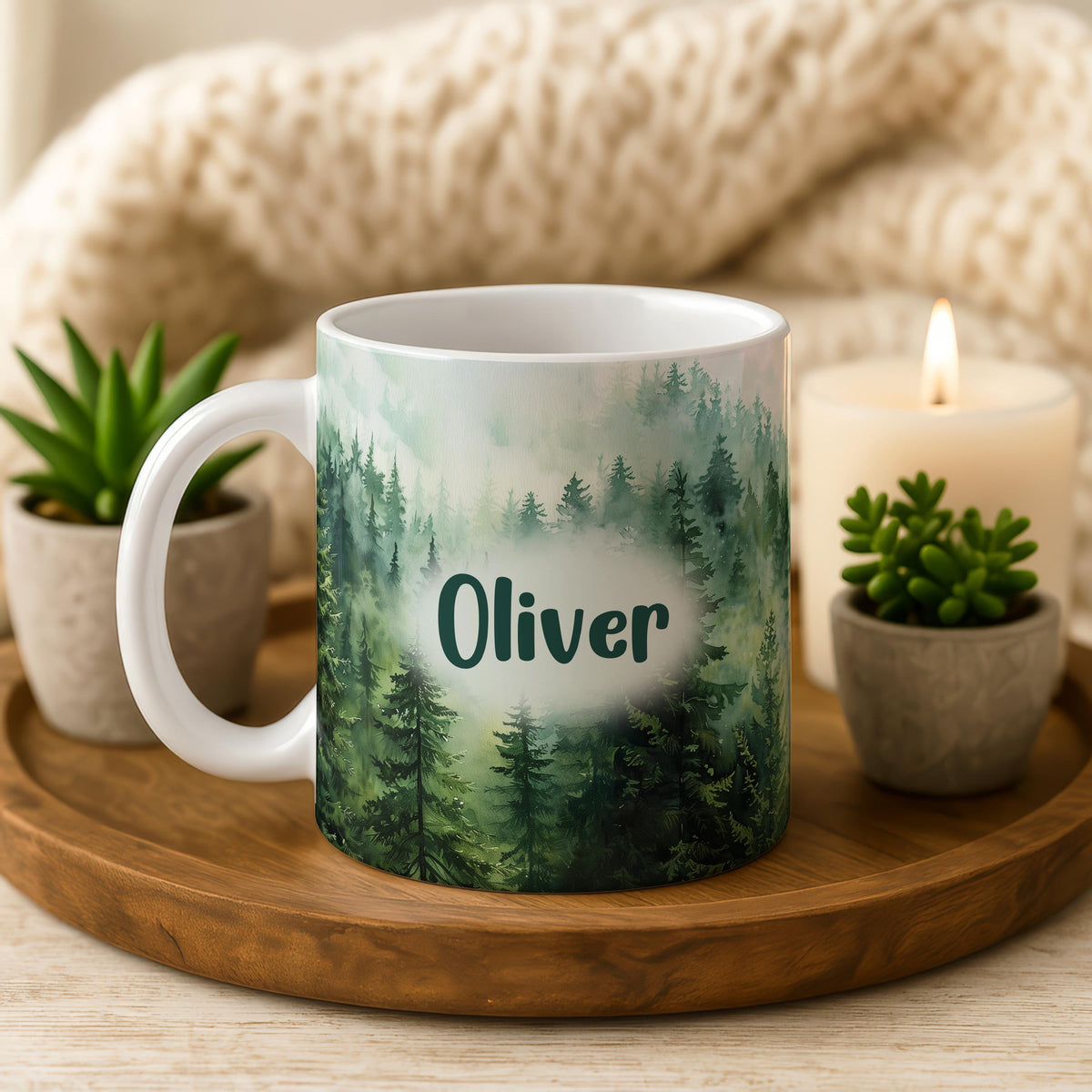 Custom Name Forest Mug, Personalized Ceramic Coffee Cup, Evergreen Trees Landscape Gift