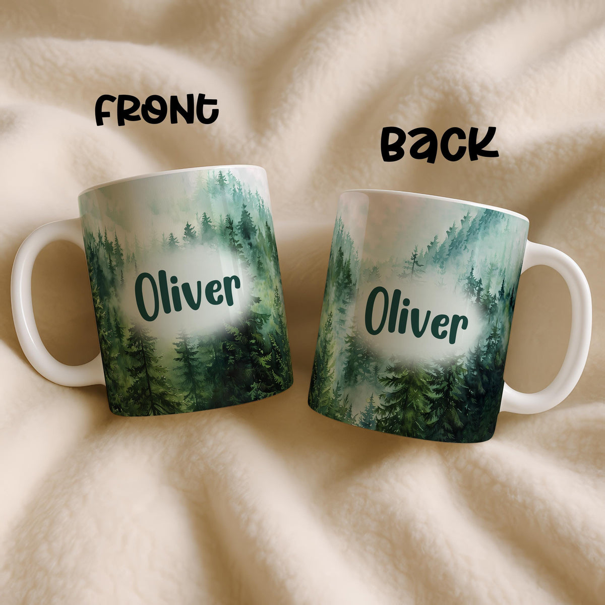 Custom Name Forest Mug, Personalized Ceramic Coffee Cup, Evergreen Trees Landscape Gift