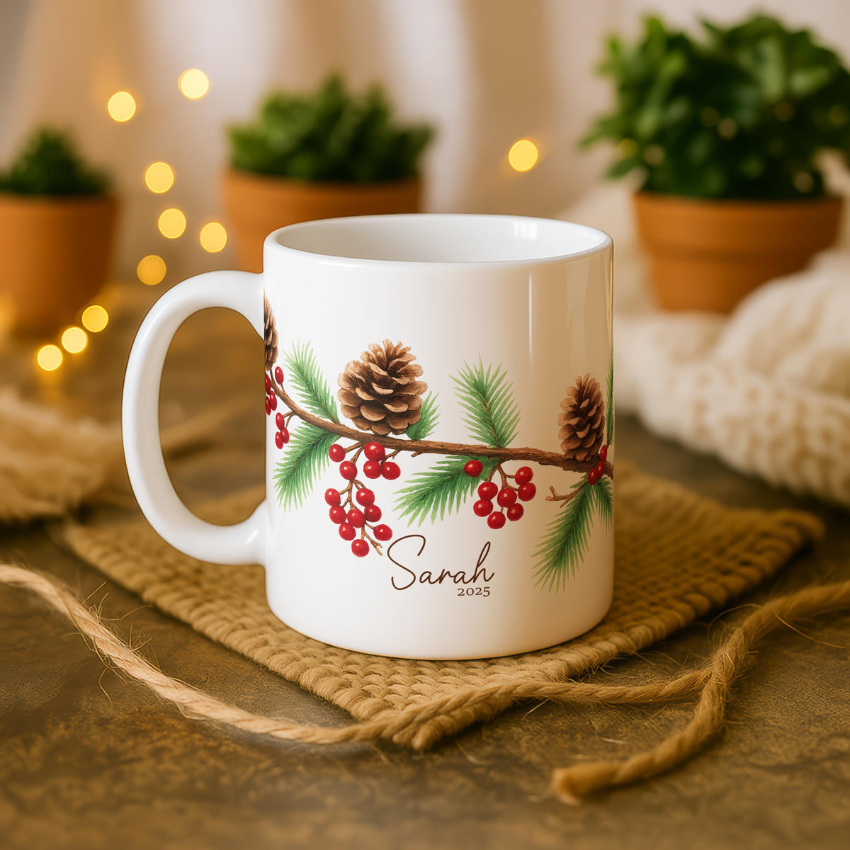 Personalized Pinecone Berry Christmas Mug, Custom Name Ceramic Coffee Cup