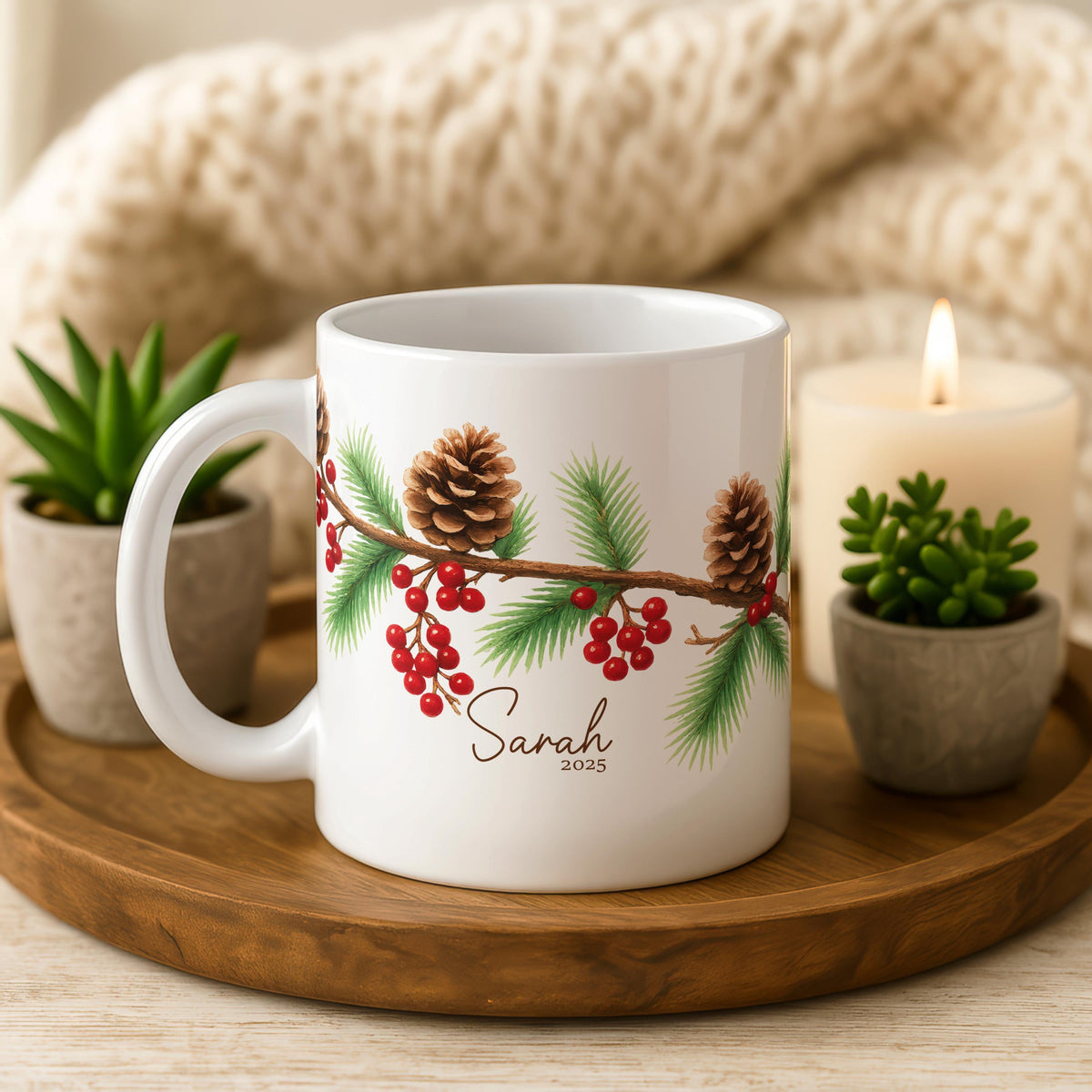 Personalized Pinecone Berry Christmas Mug, Custom Name Ceramic Coffee Cup