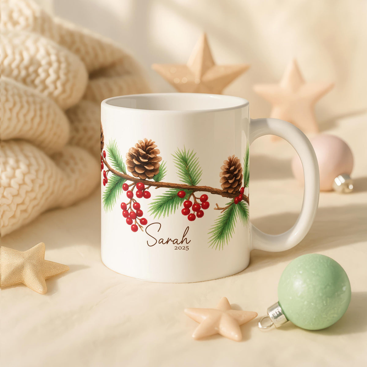 Personalized Pinecone Berry Christmas Mug, Custom Name Ceramic Coffee Cup