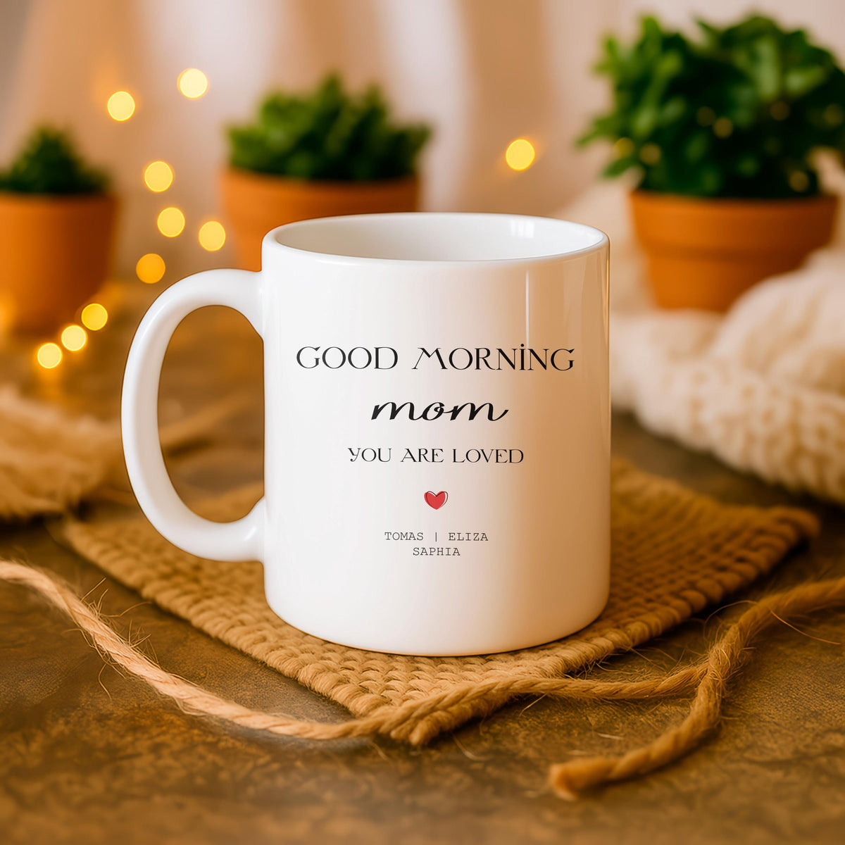 Personalized Good Morning Mom Mug, Custom Kids Names, Ceramic Coffee Cup