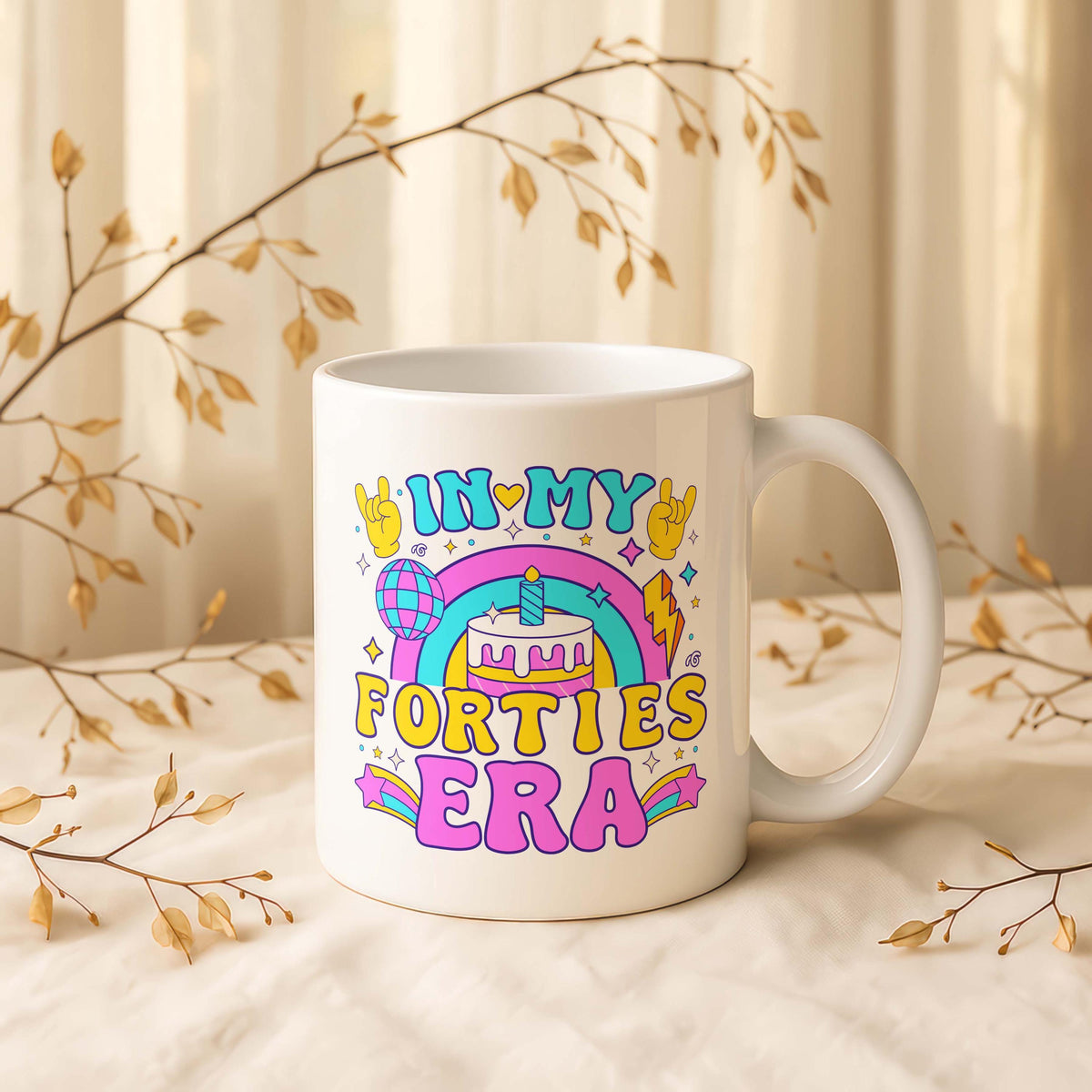 In My Forties Era Ceramic Mug, Retro Birthday Cake Coffee Cup, Rainbow Design