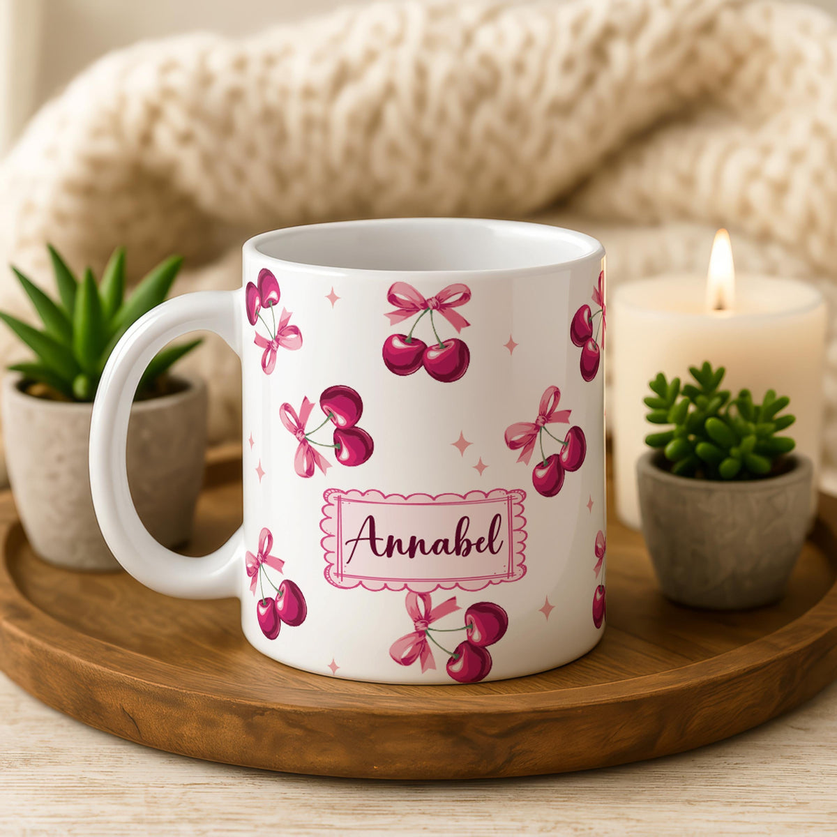 Custom Cherry Name Mug, Personalized Pink Bow Coffee Cup, Girly Pottery Tea Mug