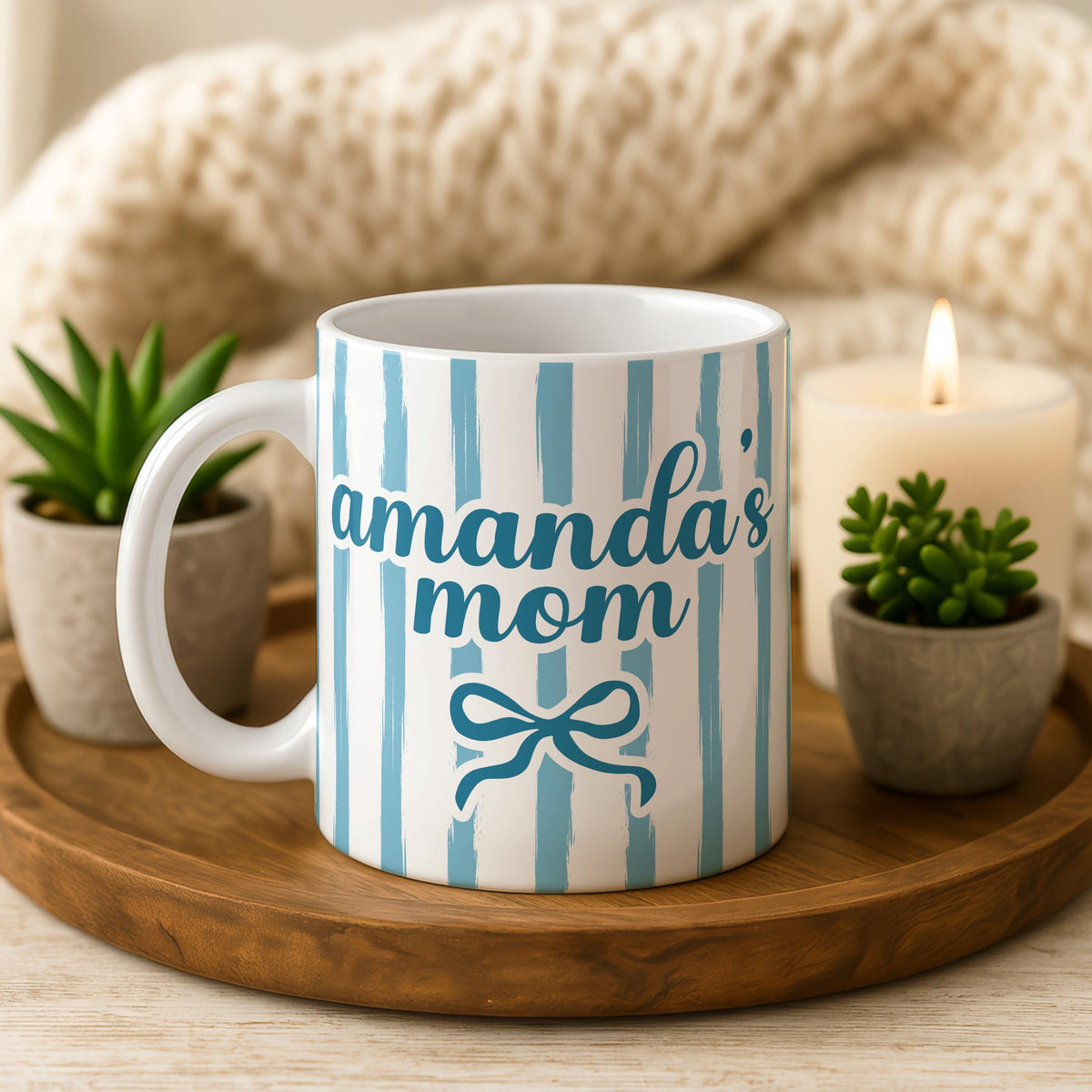 Personalized Mom Mug, Blue Striped Ceramic Coffee Cup