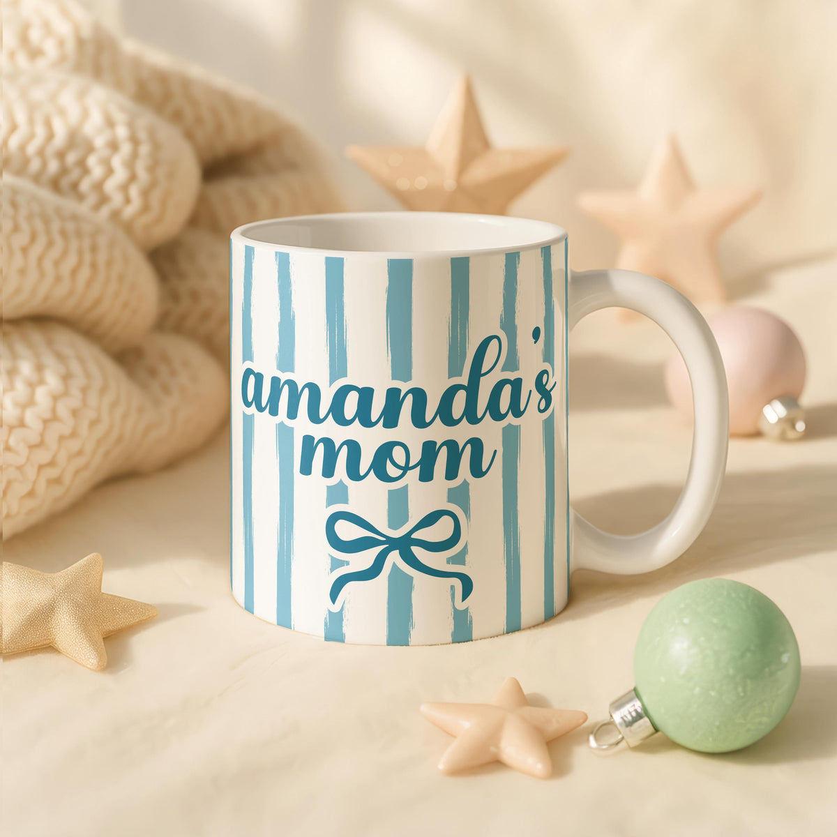 Personalized Mom Mug, Blue Striped Ceramic Coffee Cup