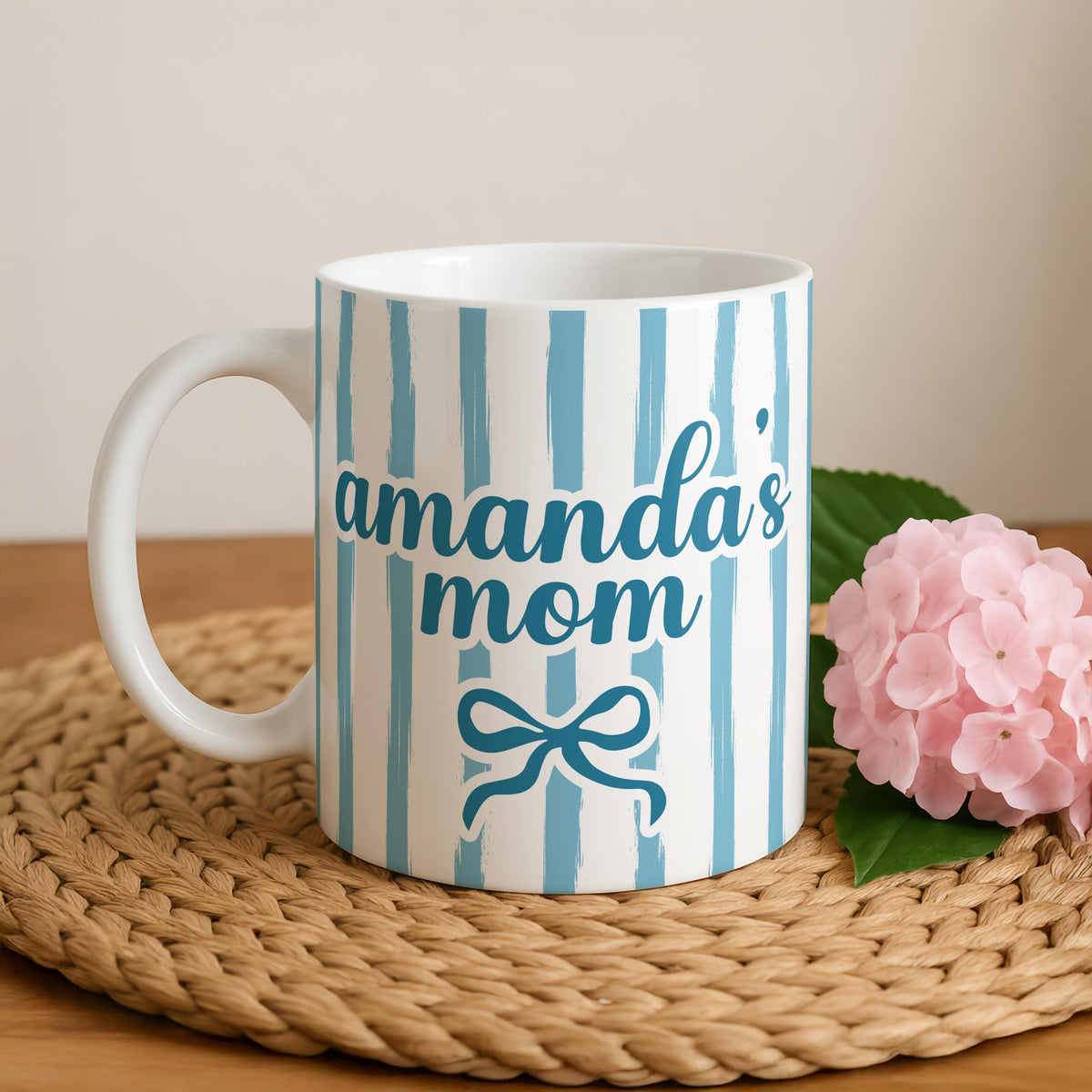 Personalized Mom Mug, Blue Striped Ceramic Coffee Cup