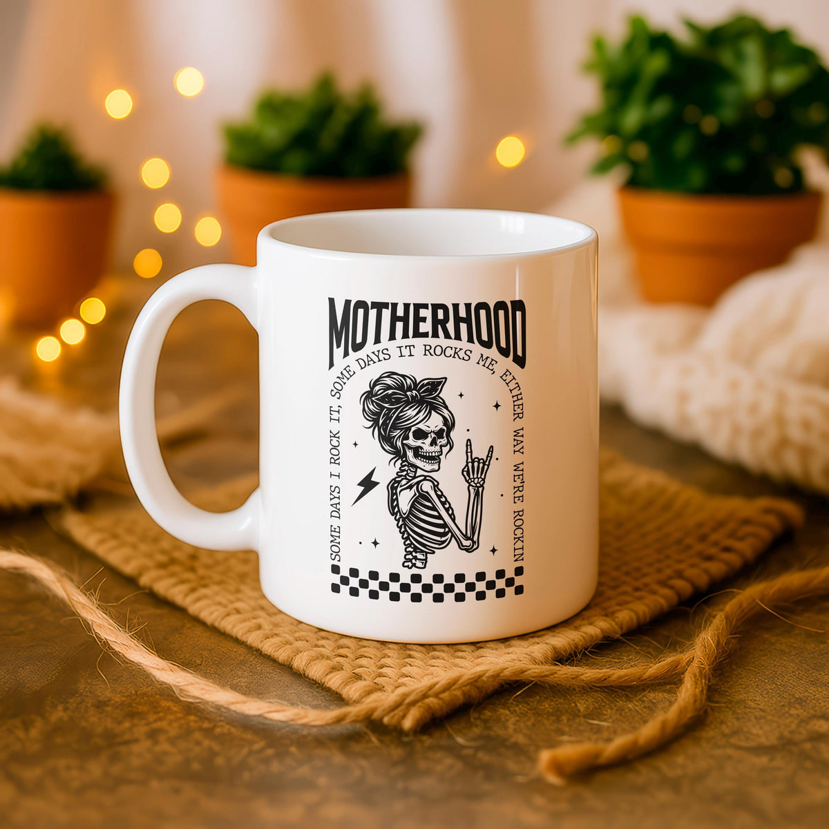 Motherhood Skull Mug, Rocker Mom Ceramic Cup, Edgy Mama Coffee Gift