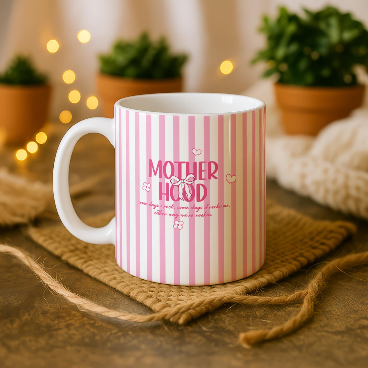 Pink Striped Motherhood Quote Ceramic Mug, Preppy Mom Coffee Cup