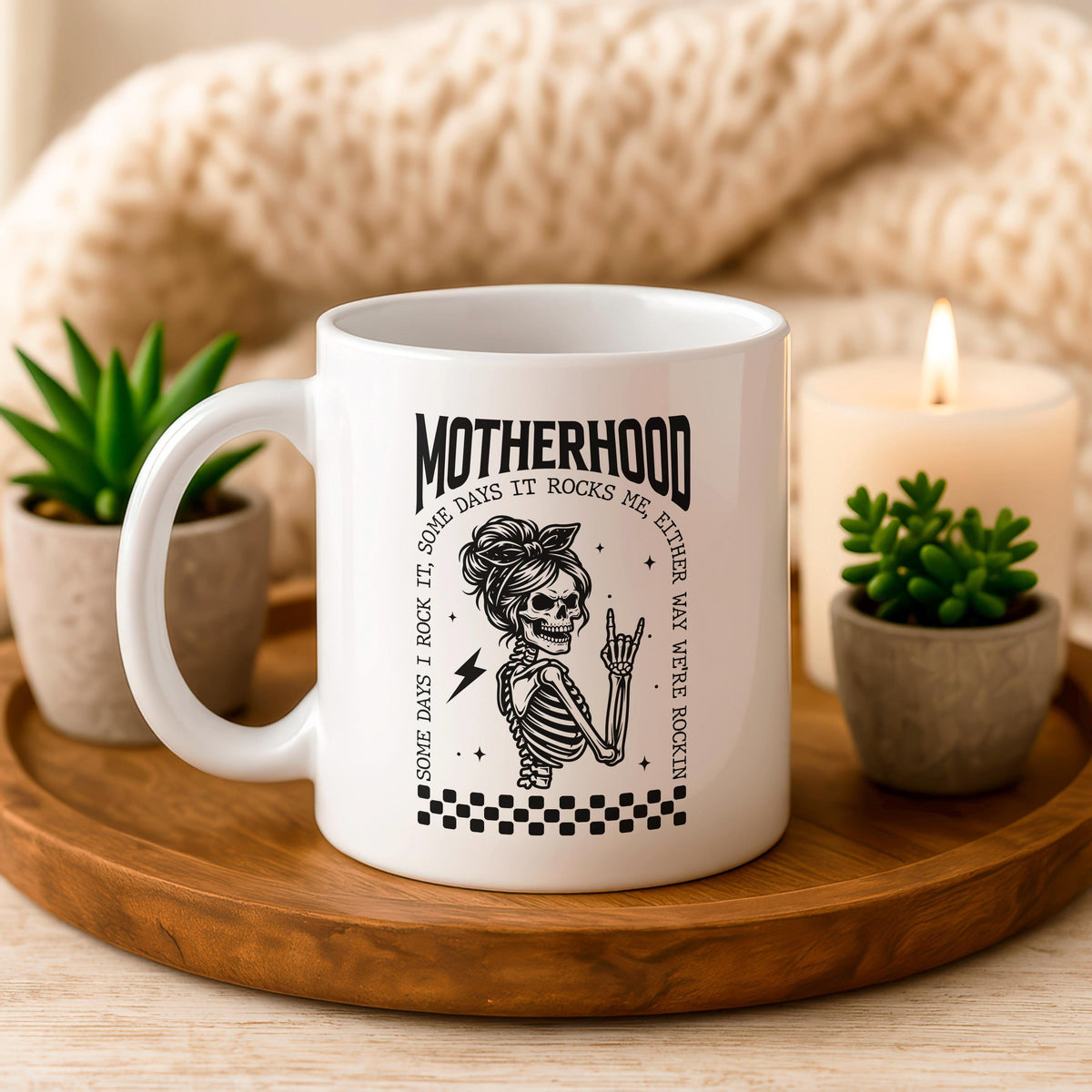 Motherhood Skull Mug, Rocker Mom Ceramic Cup, Edgy Mama Coffee Gift