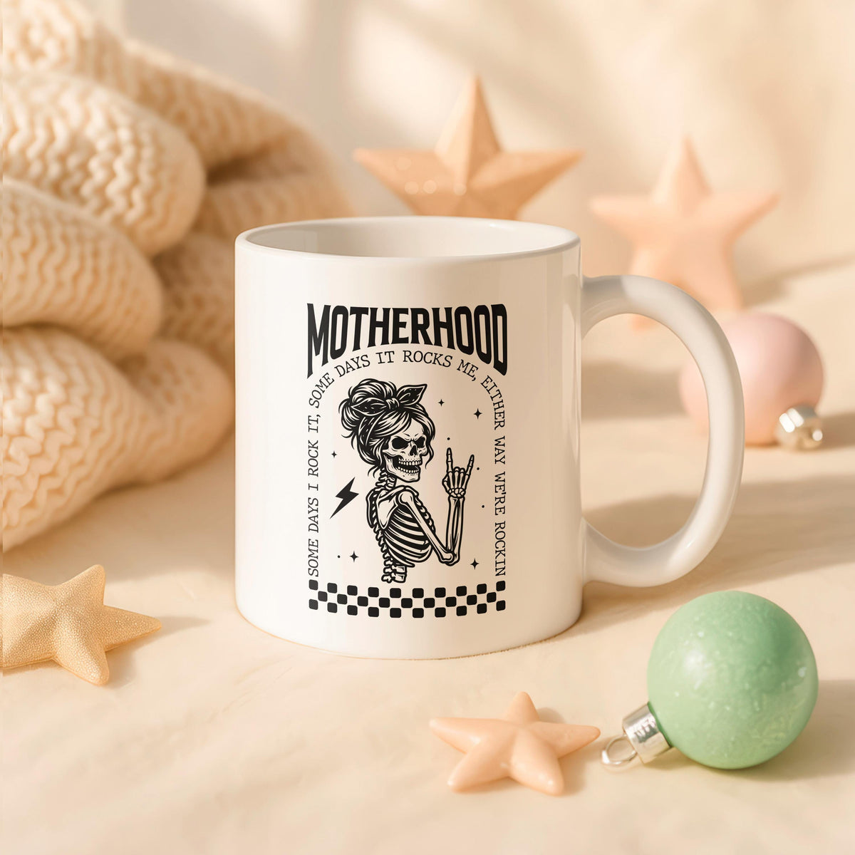 Motherhood Skull Mug, Rocker Mom Ceramic Cup, Edgy Mama Coffee Gift