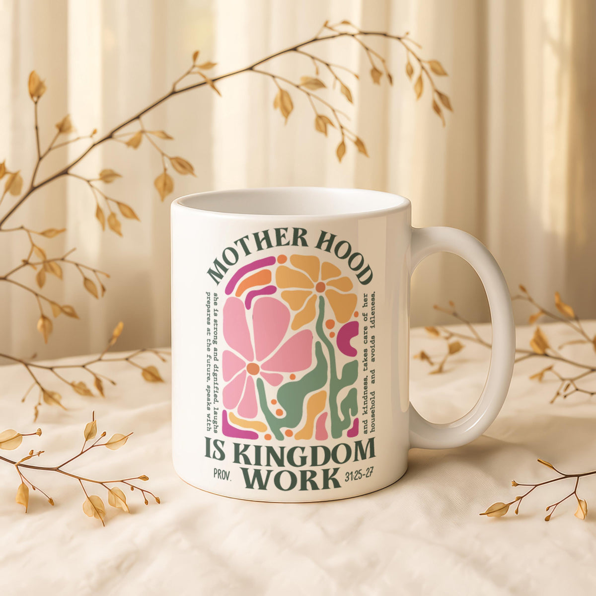 Motherhood Is Kingdom Work Mug, Christian Mom Coffee Cup, Floral Bible Verse Ceramic Mug