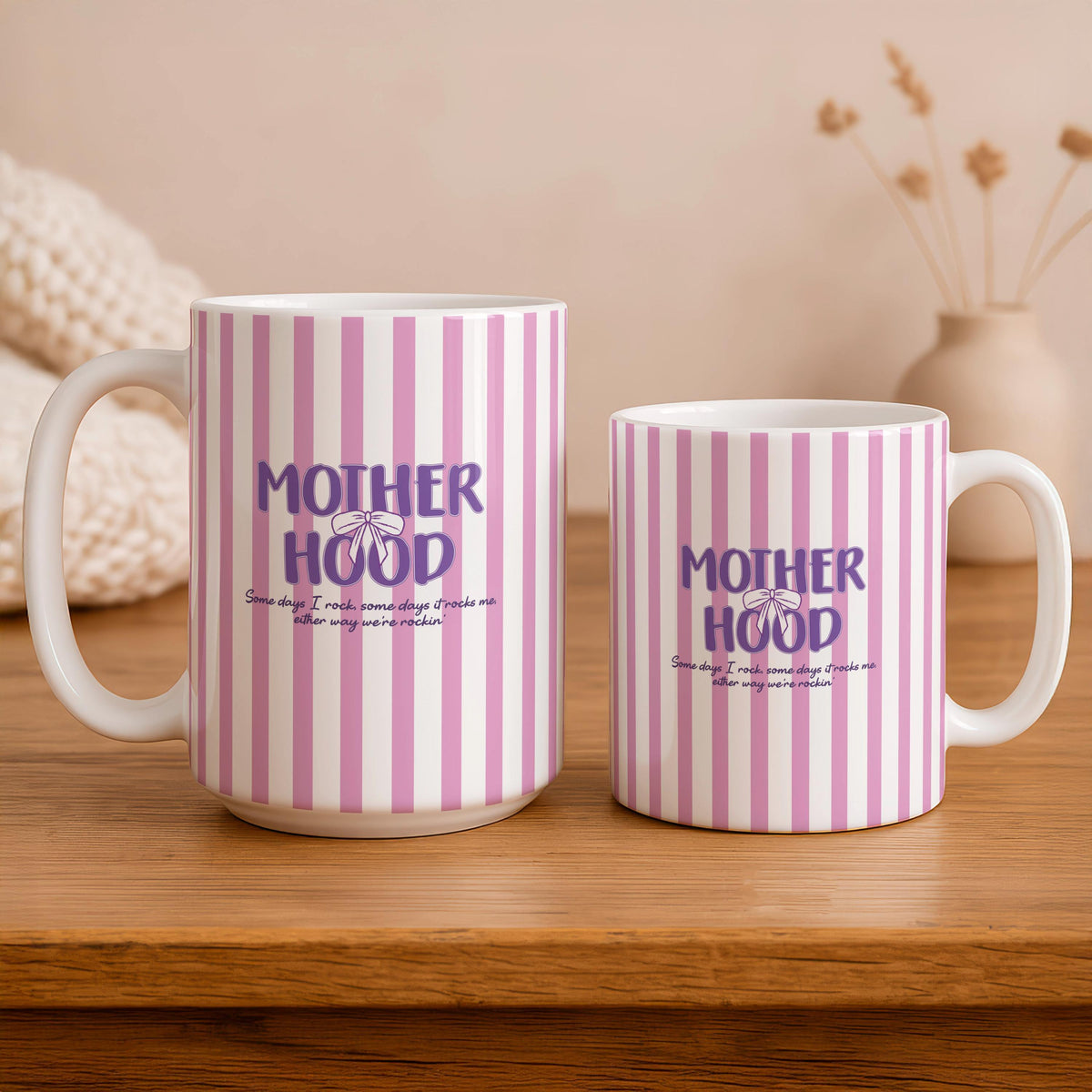 Motherhood Ceramic Mug, Pink Stripe Coffee Cup, New Mom Gift