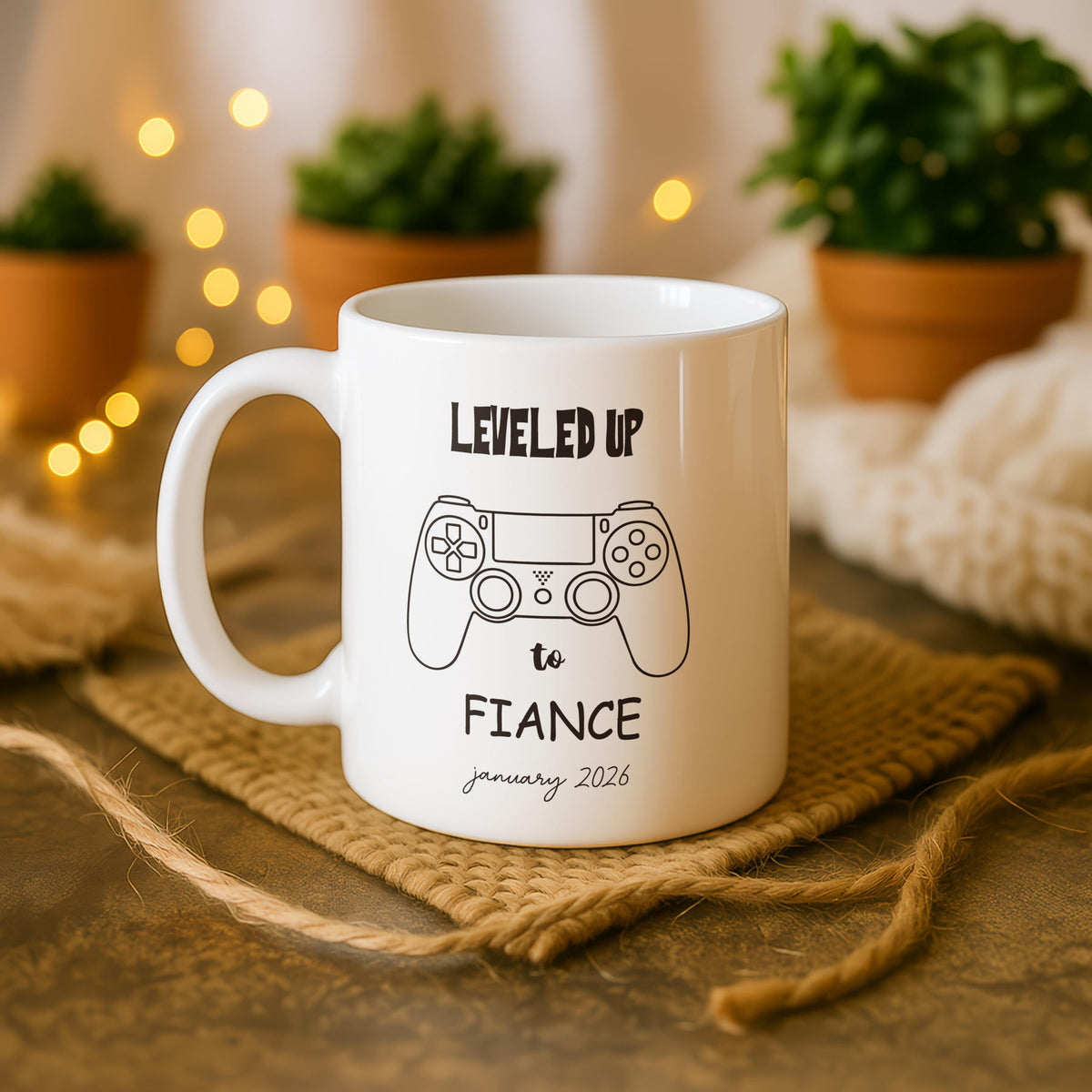 Leveled Up to Fiance Mug, Gamer Engagement Coffee Cup, Video Game Lover Gift