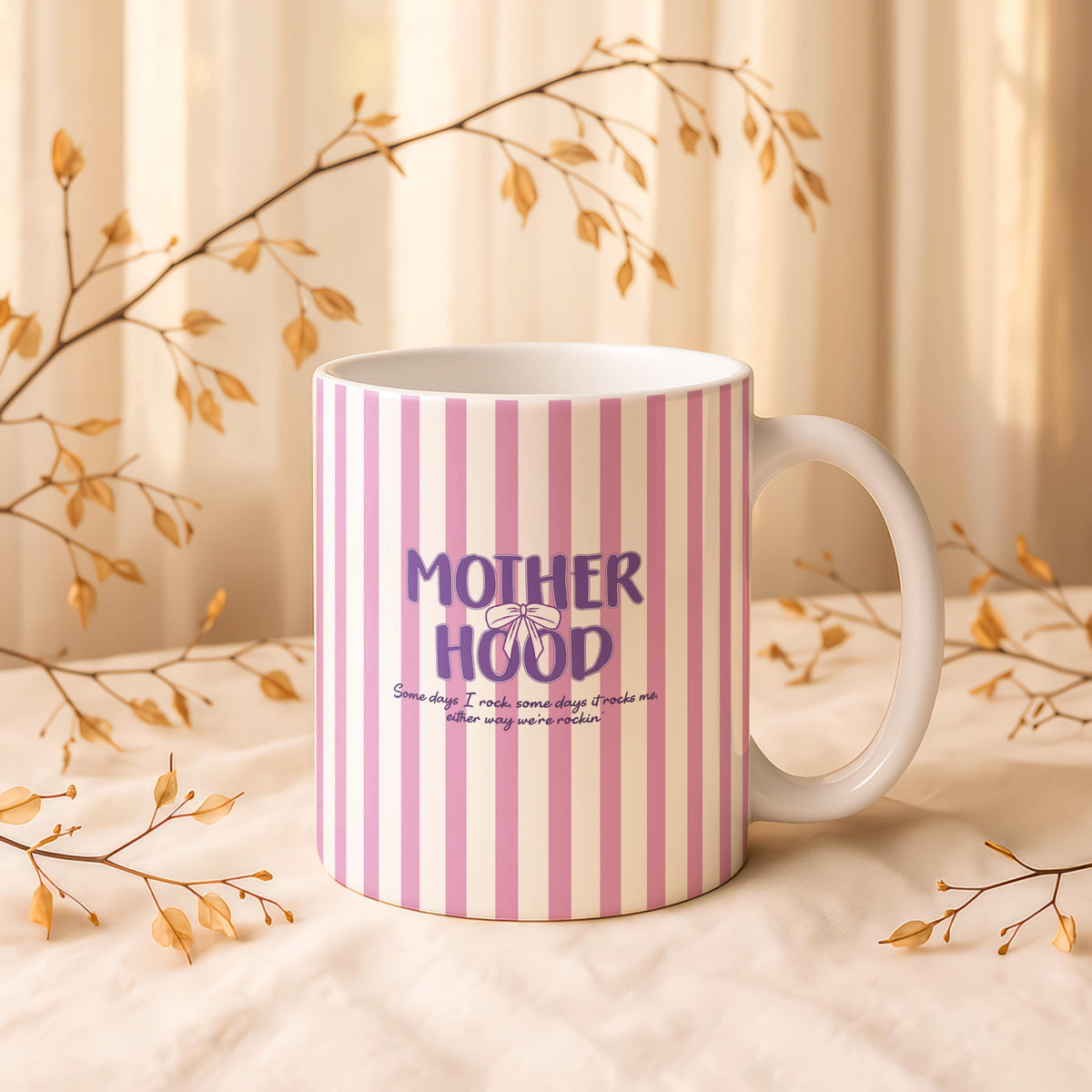 Motherhood Ceramic Mug, Pink Stripe Coffee Cup, New Mom Gift