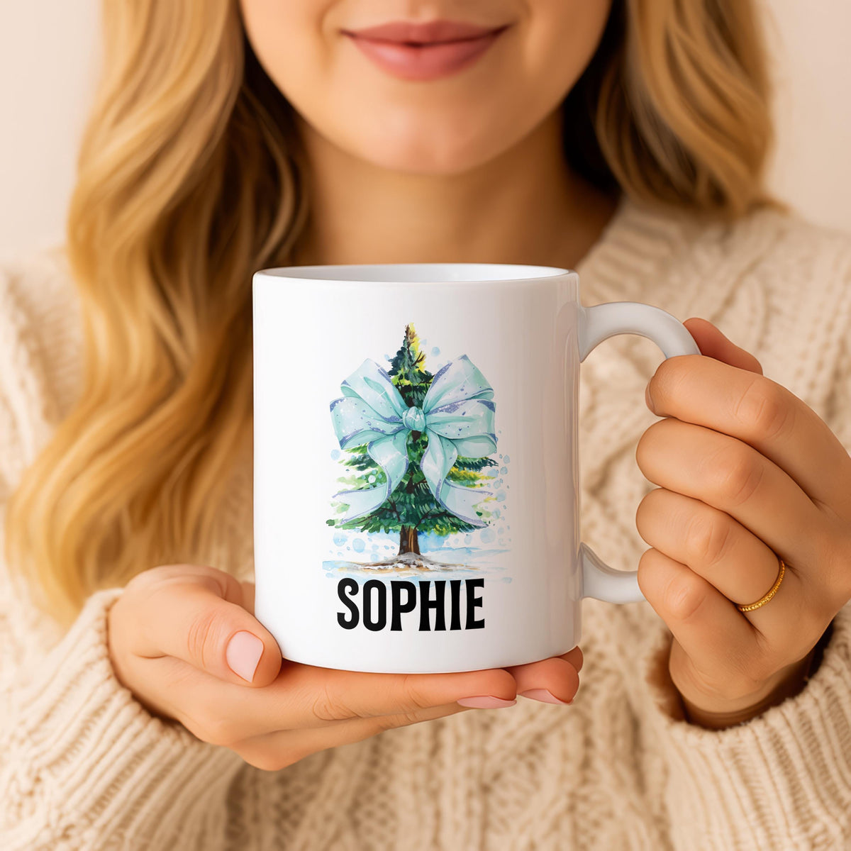 Personalized Christmas Tree Mug, Custom Name Coffee Cup, Festive Winter Pottery