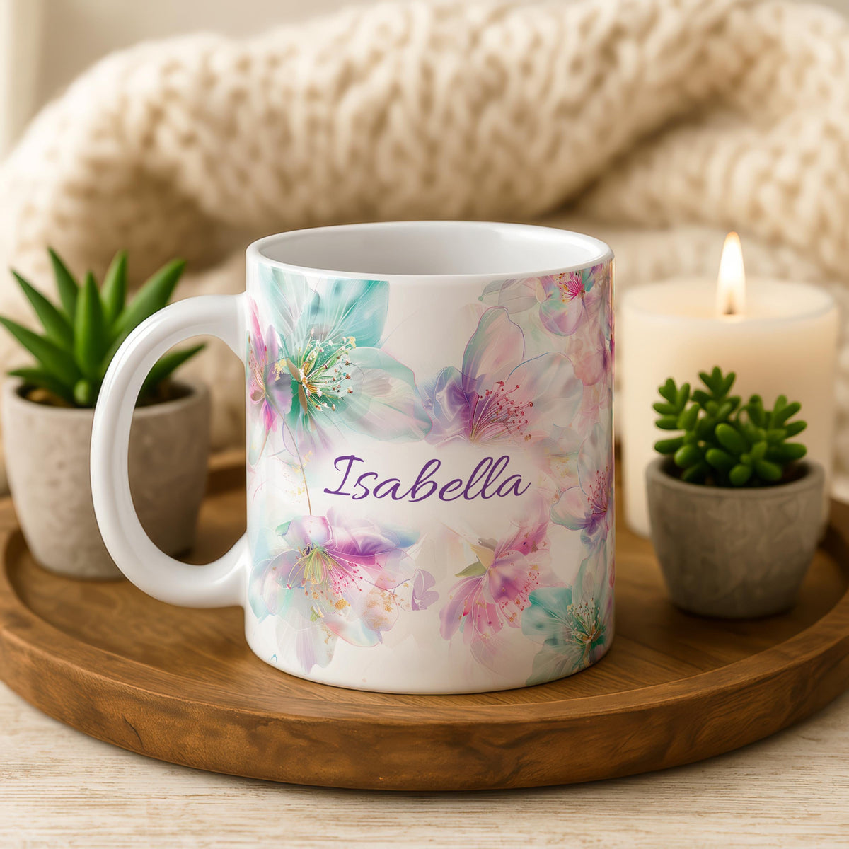 Custom Name Floral Mug, Watercolor Botanical Ceramic Coffee Cup
