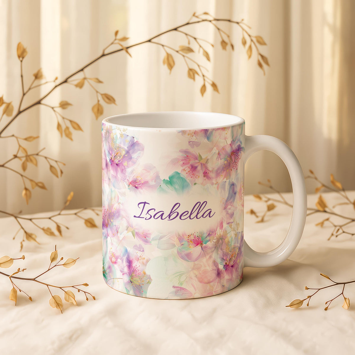 Custom Name Floral Mug, Watercolor Botanical Ceramic Coffee Cup