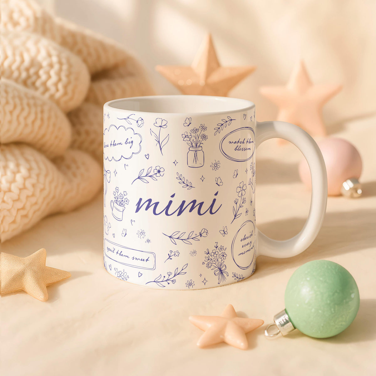 Mimi Floral Ceramic Mug, Botanical Coffee Cup, Grandma Gift, Mama Flower Pattern