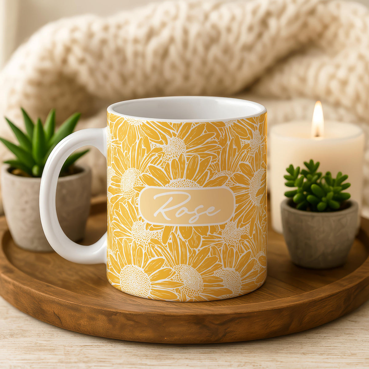 Personalized Sunflower Ceramic Mug, Custom Name Coffee Cup, Floral Pottery Gift