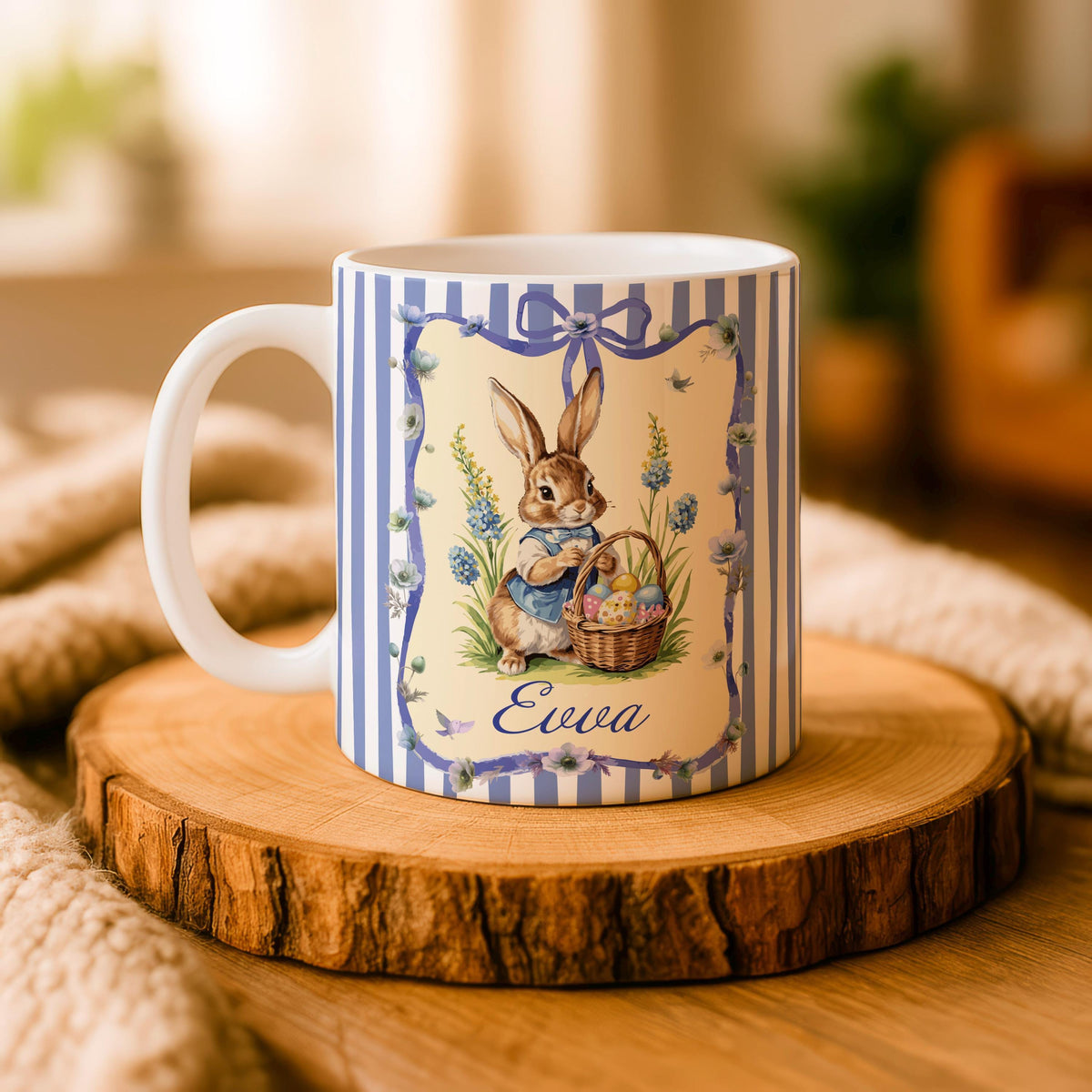 Personalized Easter Bunny Mug, Custom Name Rabbit Coffee Cup, Floral Spring Ceramic Tea Mug